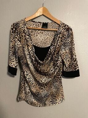 JTB Womens Top Medium Brown Leopard Animal Print Cowl Neck Mob Wife Rave Y2K